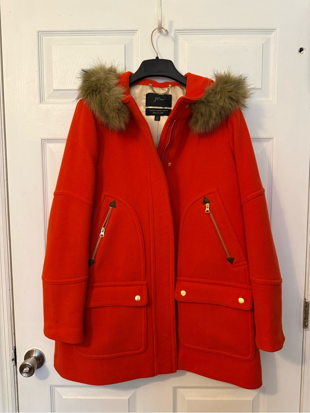 J. Crew Chateau Parka Bright Red Wool-Blend Hooded Pea Coat with Faux Fur Trim
